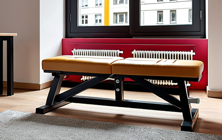 **Multifunctional workout bench transforming into a stylish seating bench in a modern German apartment, weights subtly hidden underneath.**