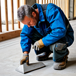 A focused professional male craftsman, aged 40s, fully clothed in durable work overalls and a work jacket, wearing modern, robust external knee pads with hard outer shells and thick cushioning, kneeling securely on a concrete floor inside a bustling construction site. He is carefully inspecting a piece of work, holding a measurement tool in his well-formed hands. The background shows construction materials and tools in a clean, organized manner. The scene is well-lit with natural light. perfect anatomy, correct proportions, natural pose, proper finger count, natural body proportions, professional dress, modest clothing, appropriate attire, safe for work, appropriate content, fully clothed, family-friendly, high quality professional photography.