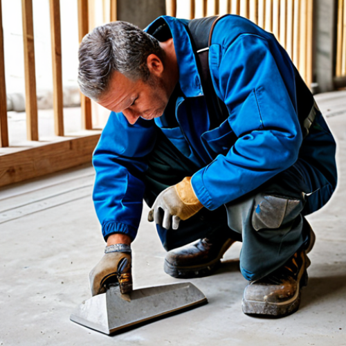 Home 28 A focused professional male craftsman, aged 40s, fully clothed in durable work overalls and a work jacket, wearing modern, robust external knee pads with hard outer shells and thick cushioning, kneeling securely on a concrete floor inside a bustling construction site. He is carefully inspecting a piece of work, holding a measurement tool in his well-formed hands. The background shows construction materials and tools in a clean, organized manner. The scene is well-lit with natural light. perfect anatomy, correct proportions, natural pose, proper finger count, natural body proportions, professional dress, modest clothing, appropriate attire, safe for work, appropriate content, fully clothed, family-friendly, high quality professional photography.