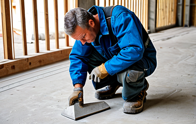 A focused professional male craftsman, aged 40s, fully clothed in durable work overalls and a work jacket, wearing modern, robust external knee pads with hard outer shells and thick cushioning, kneeling securely on a concrete floor inside a bustling construction site. He is carefully inspecting a piece of work, holding a measurement tool in his well-formed hands. The background shows construction materials and tools in a clean, organized manner. The scene is well-lit with natural light. perfect anatomy, correct proportions, natural pose, proper finger count, natural body proportions, professional dress, modest clothing, appropriate attire, safe for work, appropriate content, fully clothed, family-friendly, high quality professional photography.