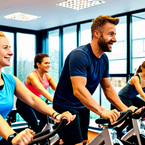 Home 27 Indoor-Cycling Class**
"A group of fully clothed, fit people participating in an Indoor-Cycling class at a modern fitness studio in Germany. The instructor, also fully clothed in appropriate athletic wear, is motivating the class. Bright lights, energetic atmosphere, safe for work, appropriate content, professional setting, perfect anatomy, correct proportions, family-friendly, well-formed hands, proper finger count, natural body proportions."
**