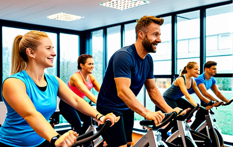Indoor-Cycling Class**
"A group of fully clothed, fit people participating in an Indoor-Cycling class at a modern fitness studio in Germany. The instructor, also fully clothed in appropriate athletic wear, is motivating the class. Bright lights, energetic atmosphere, safe for work, appropriate content, professional setting, perfect anatomy, correct proportions, family-friendly, well-formed hands, proper finger count, natural body proportions."
**