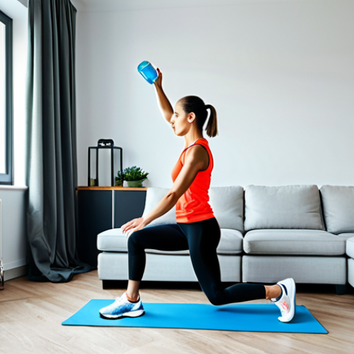 Creative Home Workout**

"A brightly lit living room scene, a fully clothed woman in athletic wear creatively using household items like water bottles and a chair for a workout routine, fully clothed, modest sportswear, safe for work, appropriate content, perfect anatomy, natural proportions, professional photography, family-friendly."

**