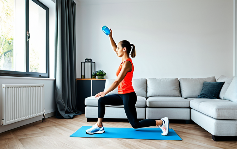 Creative Home Workout**

"A brightly lit living room scene, a fully clothed woman in athletic wear creatively using household items like water bottles and a chair for a workout routine, fully clothed, modest sportswear, safe for work, appropriate content, perfect anatomy, natural proportions, professional photography, family-friendly."

**