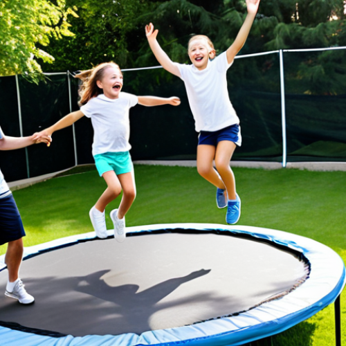 Home 25 Family Fun on the Trampoline**
"A family (mother, father, and two children) laughing and jumping on a trampoline in a sunny backyard. Everyone is fully clothed in athletic wear: t-shirts, shorts, and sneakers. The trampoline has a safety net. Lush green grass and a few trees are visible in the background. Safe for work, appropriate content, fully clothed, family-friendly, perfect anatomy, correct proportions, natural pose, professional photography, high quality."
**