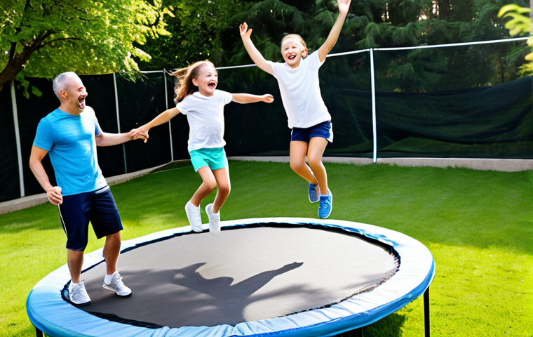 Family Fun on the Trampoline**
"A family (mother, father, and two children) laughing and jumping on a trampoline in a sunny backyard. Everyone is fully clothed in athletic wear: t-shirts, shorts, and sneakers. The trampoline has a safety net. Lush green grass and a few trees are visible in the background. Safe for work, appropriate content, fully clothed, family-friendly, perfect anatomy, correct proportions, natural pose, professional photography, high quality."
**