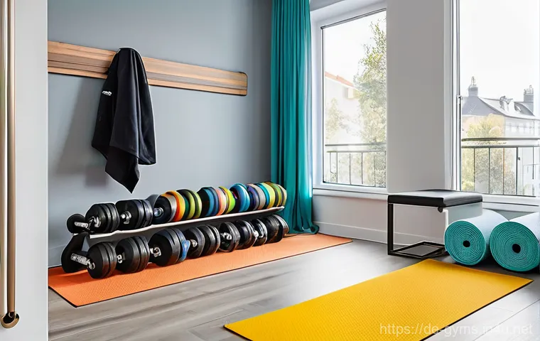운동기구 보관 팁과 공간 활용법 - **Image Prompt: "Elegant Wall-Mounted Home Gym Storage"** "A clean, modern home gym corner in a ...