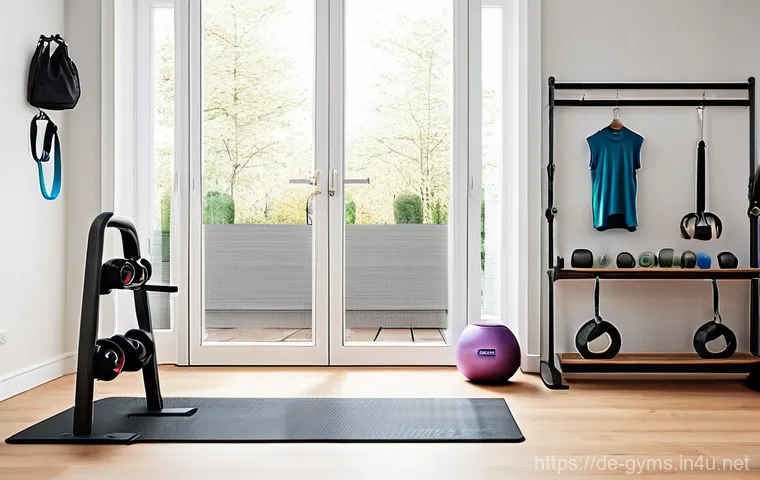 운동기구 보관 팁과 공간 활용법 - **Image Prompt: "Elegant Wall-Mounted Home Gym Storage"** "A clean, modern home gym corner in a ...