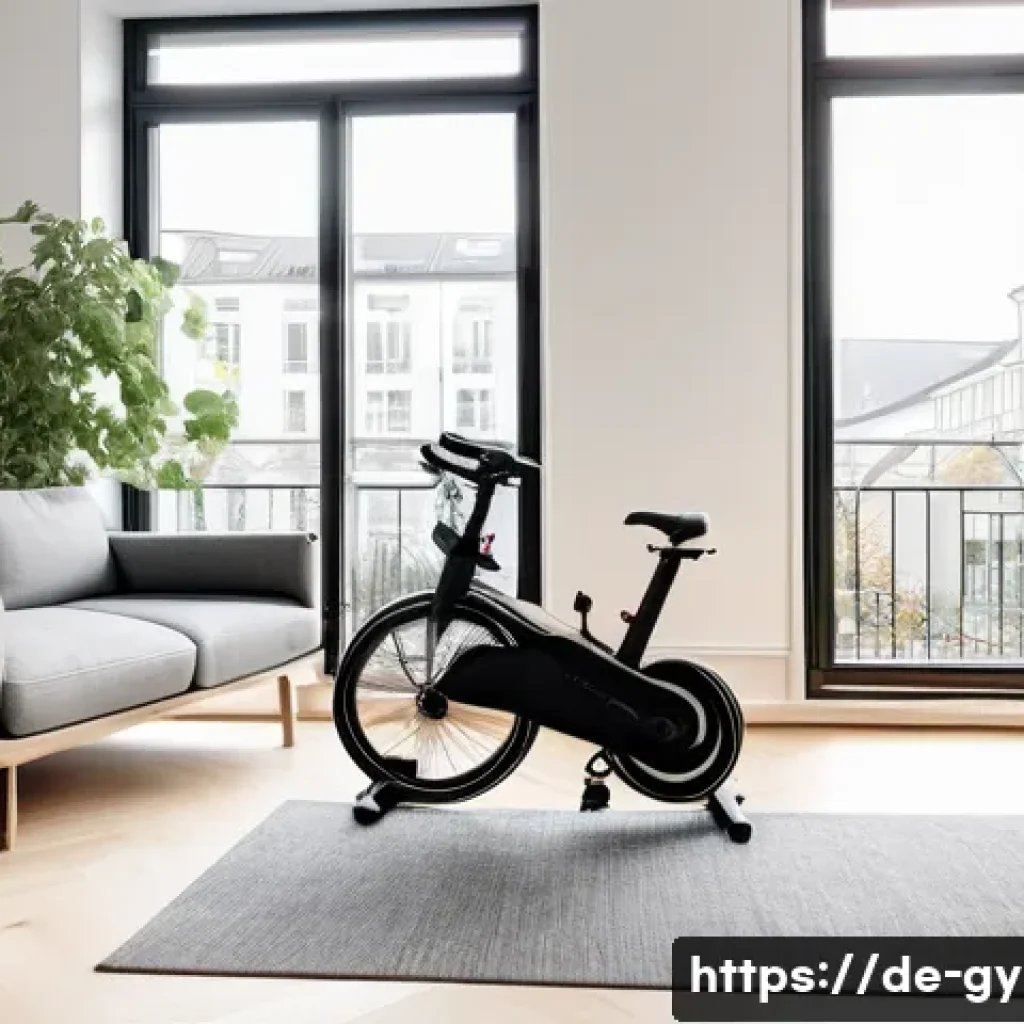고정식 실내자전거와 접이식 자전거 차이 - A modern, compact living room in a small German city apartment featuring a foldable exercise bike ne...