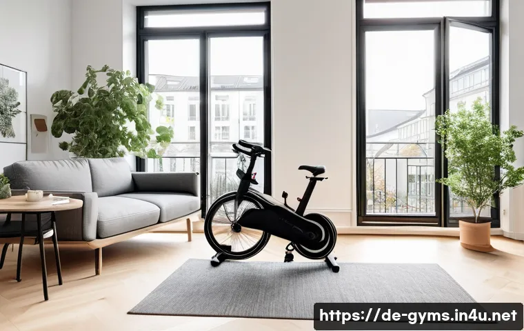 고정식 실내자전거와 접이식 자전거 차이 - A modern, compact living room in a small German city apartment featuring a foldable exercise bike ne...