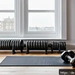 덤벨 세트 가격 비교 - A modern home gym scene featuring a compact adjustable dumbbell set with a sleek black and metallic ...
