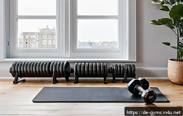 덤벨 세트 가격 비교 - A modern home gym scene featuring a compact adjustable dumbbell set with a sleek black and metallic ...