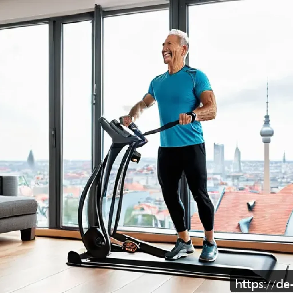 전신 강화용 클라이밍 머신 리뷰 - A fit middle-aged German man using a modern climbing machine at home, wearing sporty workout clothes...