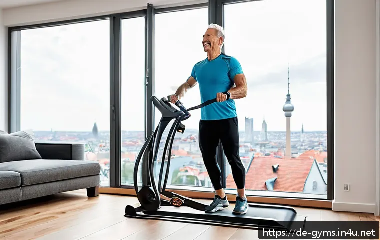 전신 강화용 클라이밍 머신 리뷰 - A fit middle-aged German man using a modern climbing machine at home, wearing sporty workout clothes...