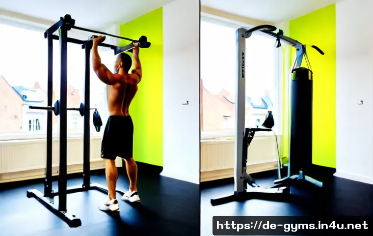 헬스장과 가정용 풀업바 차이 - Photorealistic side-by-side comparison scene: a bright modern German fitness studio with a sturdy co...