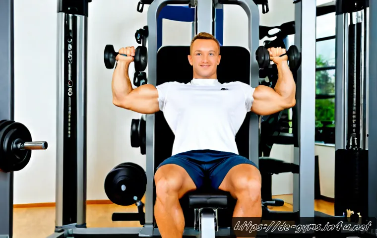 어깨 강화용 숄더프레스 머신 종류 - Photorealistic modern German fitness studio, a fit adult wearing a modest athletic T-shirt and long ...